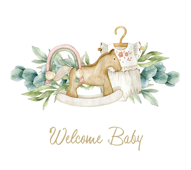 Watercolor illustration card welcome baby with eucalyptus baby romper rainbow  Isolated on white