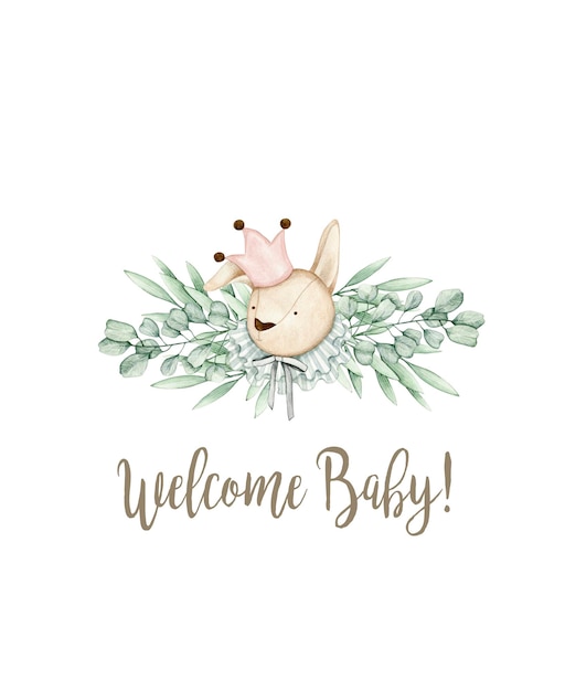 Watercolor illustration card welcome baby with eucalyptus branches and bunny. Isolated on white.