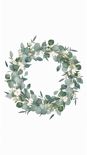 Photo watercolor illustration card with eucalyptus branches and white flowers wreath isolated on white