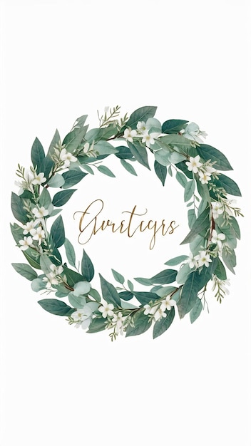 Photo watercolor illustration card with eucalyptus branches and white flowers wreath isolated on white