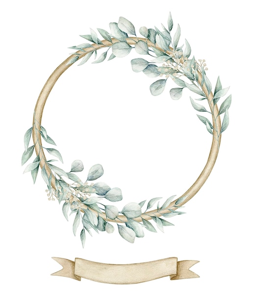 Watercolor illustration card with eucalyptus wreath and banner. Isolated on white background.