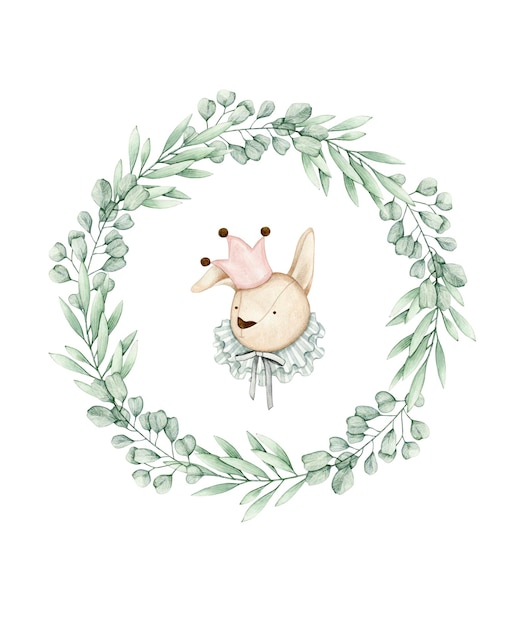 Watercolor illustration card with eucalyptus wreath and bunny. Isolated on white background.