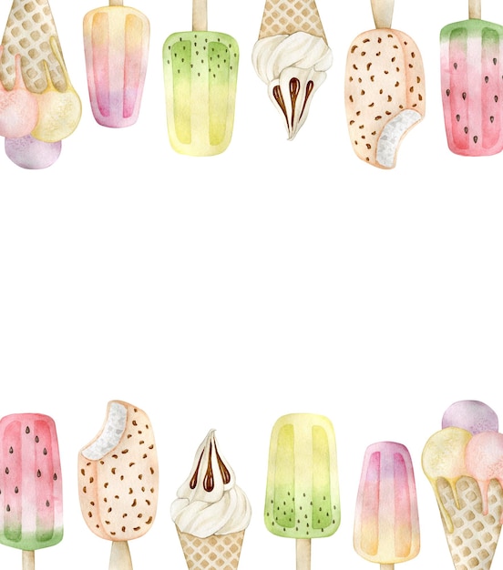 Watercolor illustration card with ice cream border frame Isolated on white background Hand drawn