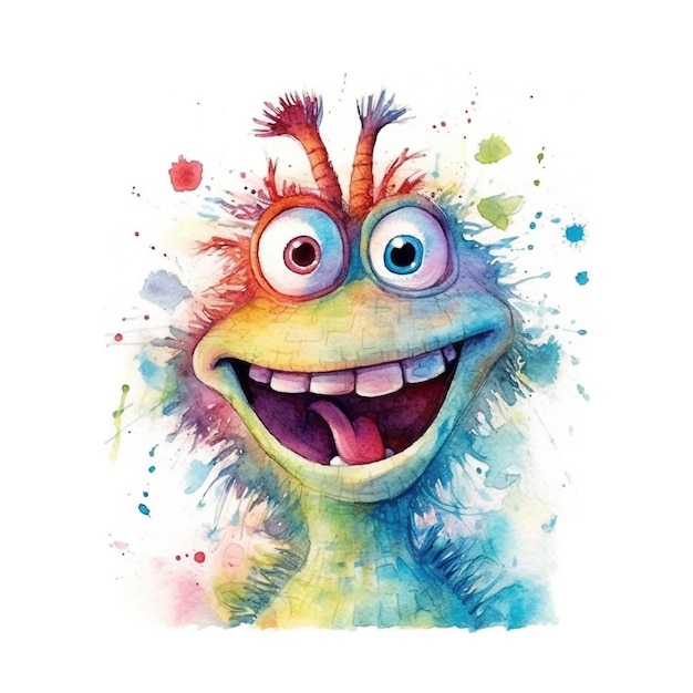 A watercolor illustration of a cartoon monster with a big smile.