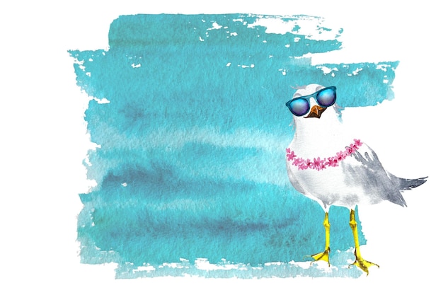 Watercolor illustration of a cartoon seagull Seagull with glasses watercolor drawing on a white background