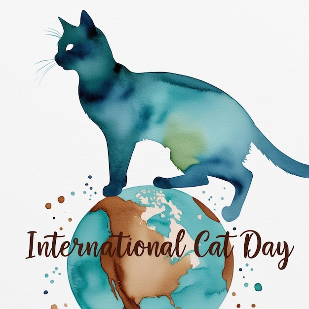 Photo watercolor illustration of a cat with earths continents inside its silhouette celebrating international cat day