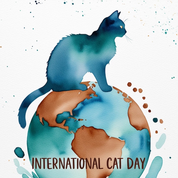 Photo watercolor illustration of a cat with earths continents inside its silhouette celebrating international cat day