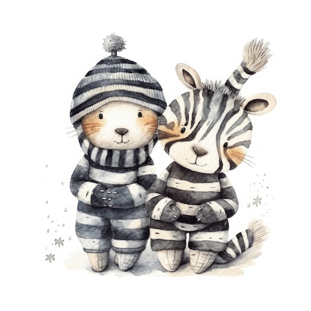 Watercolor illustration of a cat and a zebra