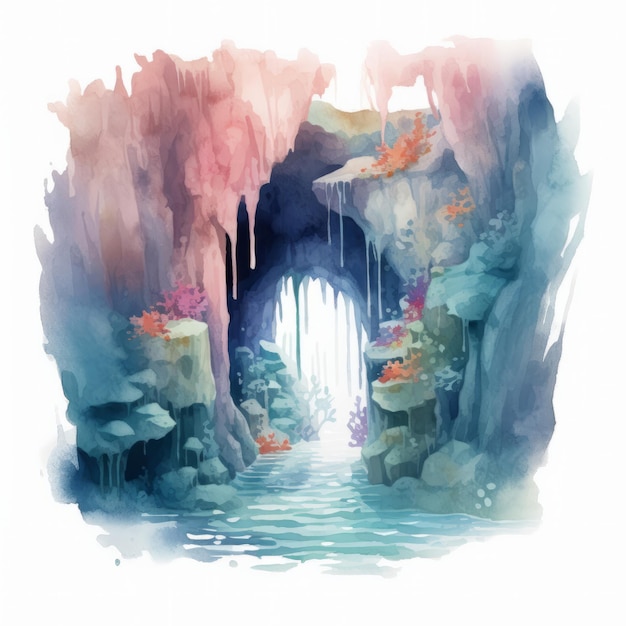 Photo watercolor illustration of a cave with a waterfall in the middle