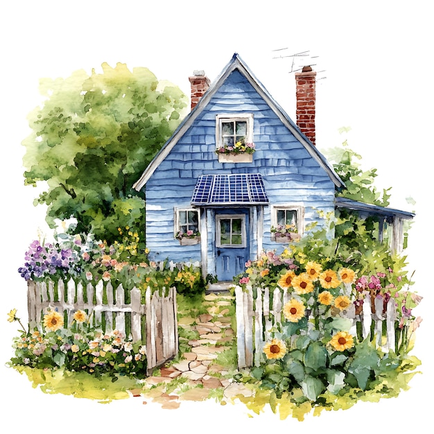 Watercolor Illustration of a Charming Cottage with Solar Panels and a Garden Path