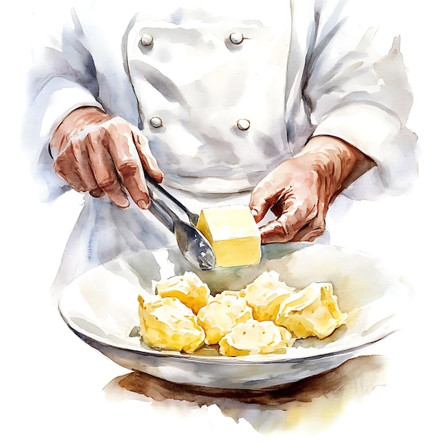 Watercolor illustration of a chef adding butter to a bowl of potatoes