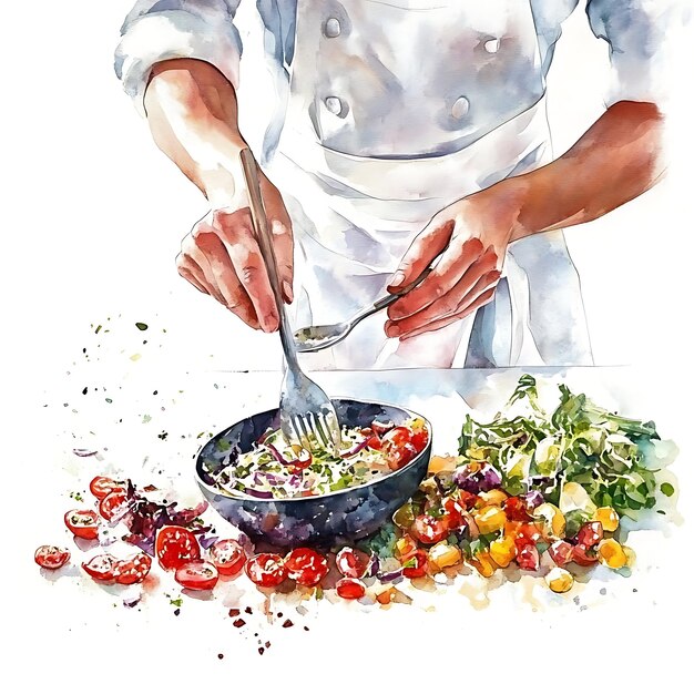 Photo watercolor illustration of a chef mixing a salad