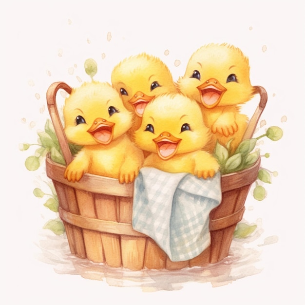 A watercolor illustration of chickens in a basket.