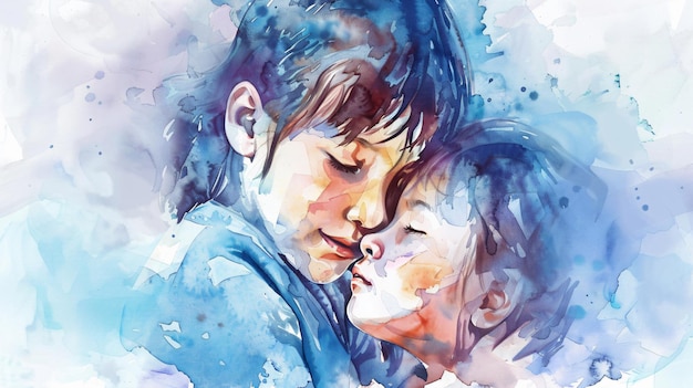 Watercolor illustration of a child embracing his mother