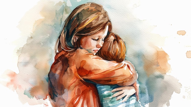 Watercolor illustration of a child embracing his mother