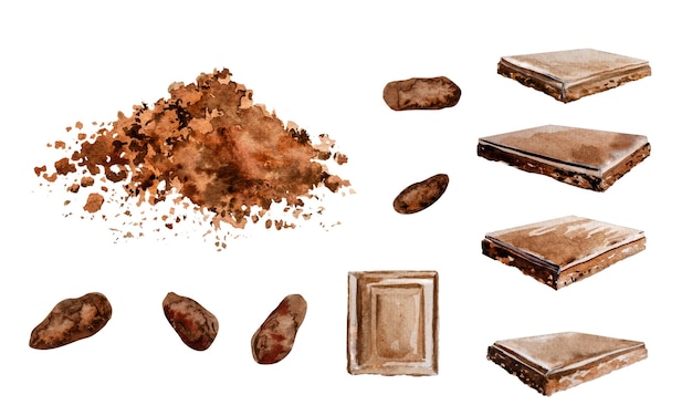 Watercolor illustration chocolate cocoa ingredients Chocolate pieces hand drawing