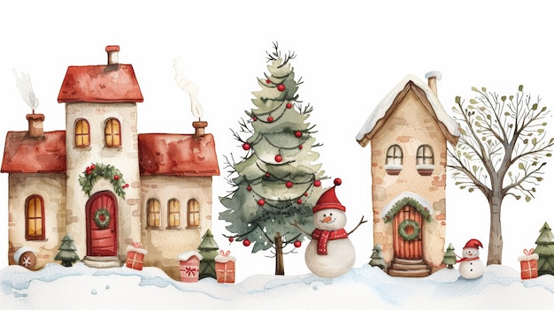 A watercolor illustration Christmas house in the snow