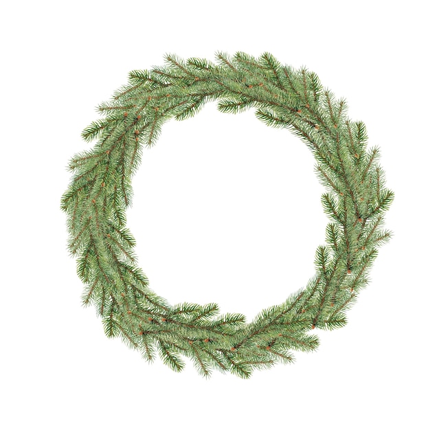 Watercolor illustration of a Christmas wreath from Christmas tree branchesFestive illustration