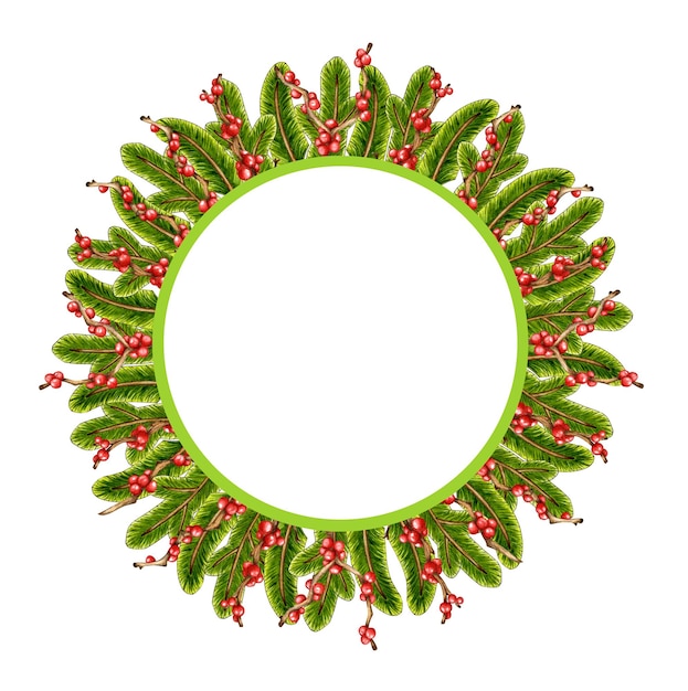 Photo watercolor illustration of a christmas wreath made of fir branches and branches with red berries isolated on white colorful decorative element for cards congratulations invitations