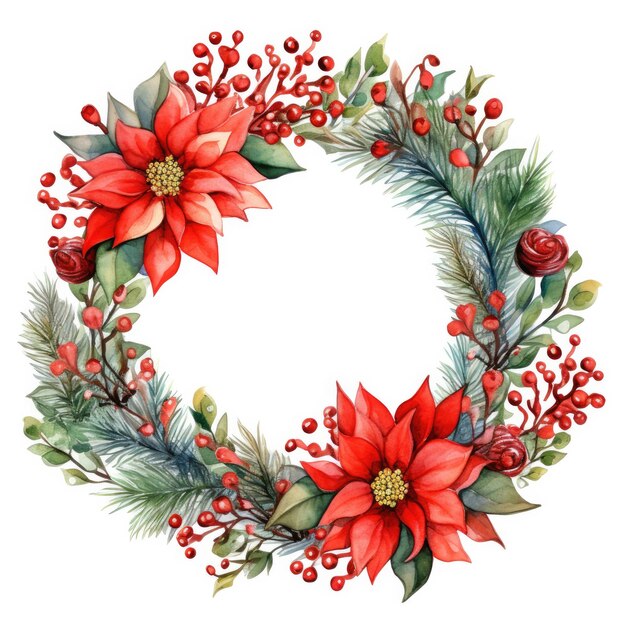 Watercolor illustration of a Christmas wreath with poinsettia flower on a white background