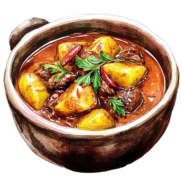 Watercolor Illustration of a Clay Pot of Beef Stew with Potatoes and Peppers