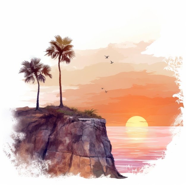 Watercolor Illustration of Cliff with Palm Tree and Sunset