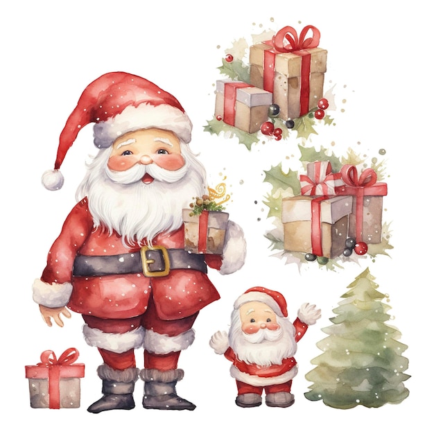 Watercolor illustration clipart of cute Scandinavian Santa Claus