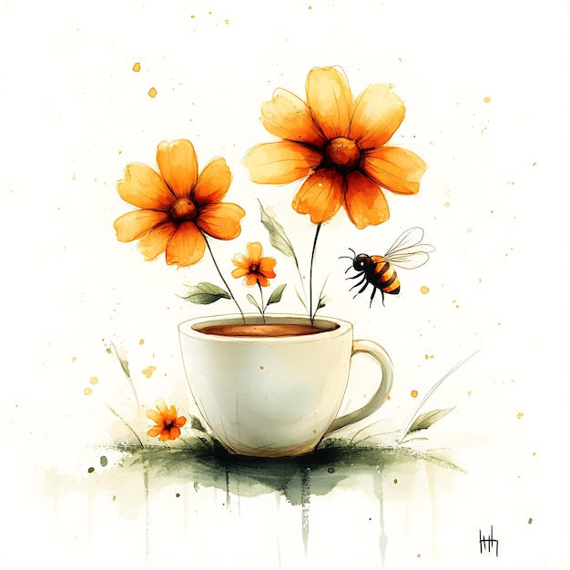 Watercolor Illustration of a Coffee Cup with Flowers and a Bee