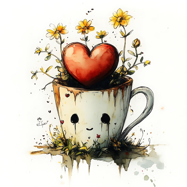 Watercolor Illustration of a Coffee Cup with a Heart and Flowers