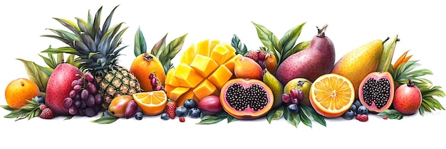 Watercolor Illustration of a Colorful Arrangement of Tropical Fruits and Berries