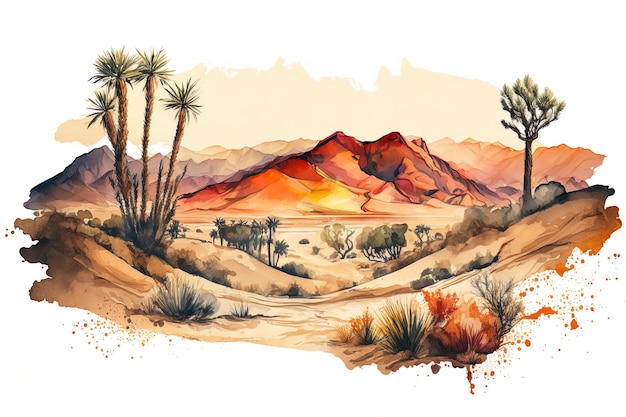 watercolor Illustration of a colorful desert with cacti