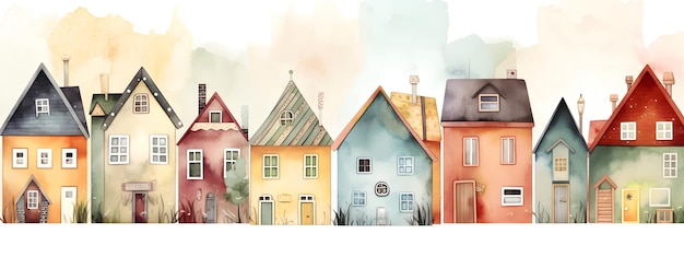 Watercolor illustration of colorful houses in a row with soft gradients banner