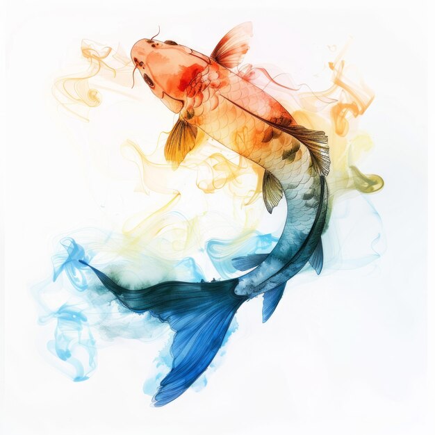 Photo watercolor illustration of a colorful koi fish swimming in abstract smoke