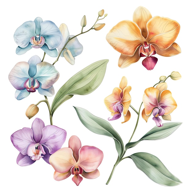 Photo watercolor illustration of colorful orchids in bloom