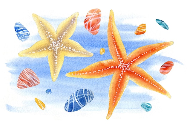 Watercolor illustration of composition of marine stones starfish on blue waves background