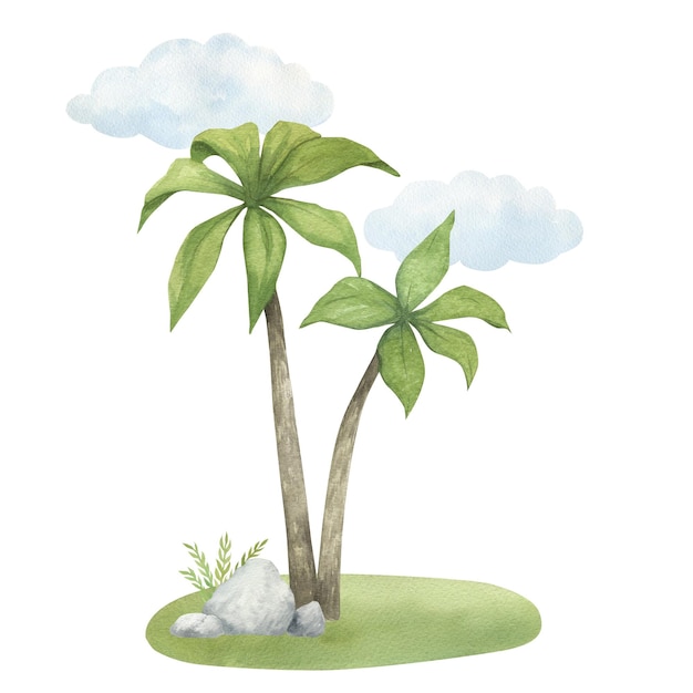 Watercolor illustration composition of a stylized palm tree on green grass with clouds and stone isolated For childrens room decor compositions backgrounds