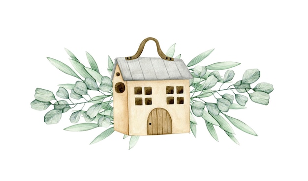 Watercolor illustration composition with eucalyptus branches, toy suitcase house. Isolated on white