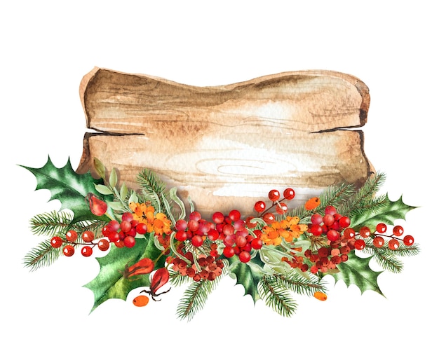 Watercolor illustration of a composition with a wooden background for text and holly rowan rosehip