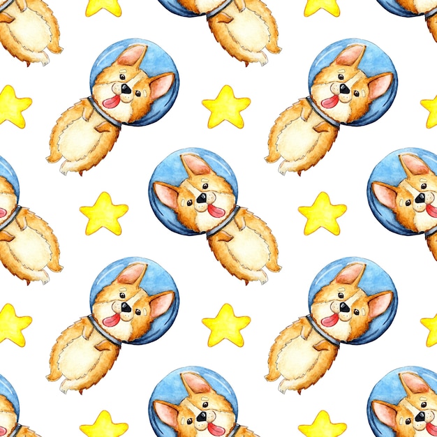 Watercolor illustration of a corgi pattern in space and stars Seamless repeating pattern