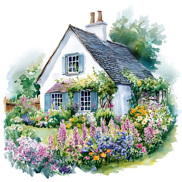 Watercolor Illustration of a Cottage with a Lush Garden