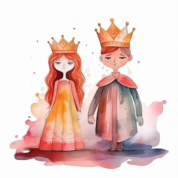 A watercolor illustration of a couple in crowns.