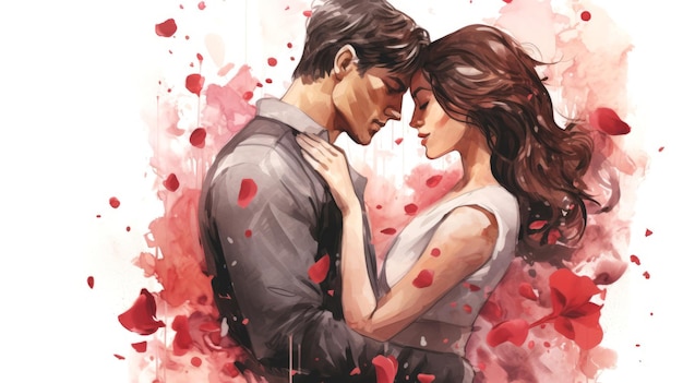 Watercolor illustration of a couple in a tender embrace surrounded by falling red rose petals