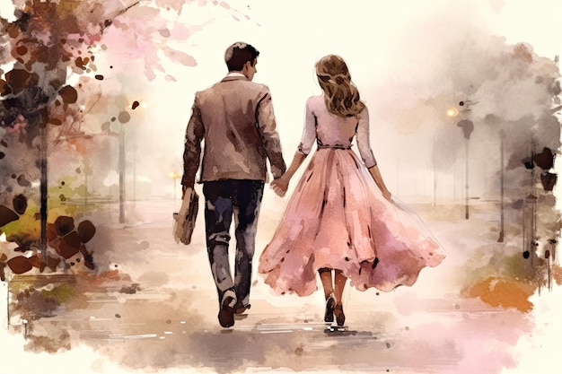 Watercolor illustration of couple walking hand on hand