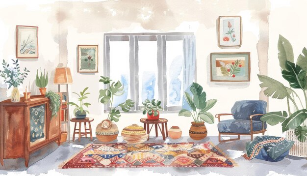 Photo watercolor illustration of a cozy hyggestyle room interior with furniture carpets pictures