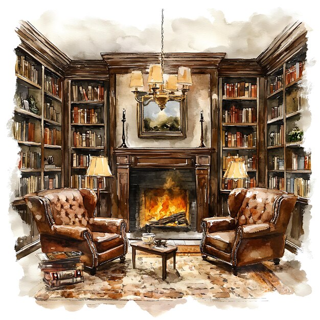 Photo watercolor illustration of a cozy library with a fireplace