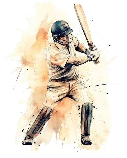 A watercolor illustration of a cricket player.