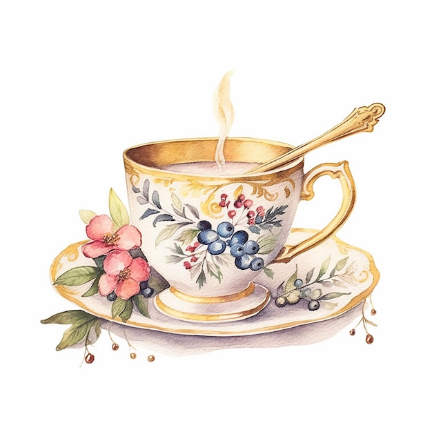 A watercolor illustration of a cup of tea with a flower and the word tea on it.