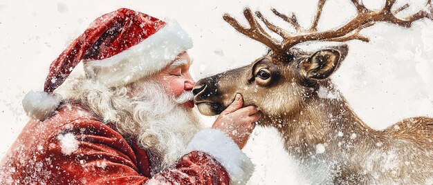 Photo watercolor illustration of a cute and adorable santa claus kissing a reindeer