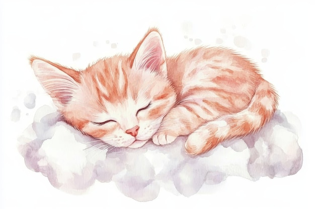 Photo a watercolor illustration of a cute american shorthair kitten sleeping peacefully on a cloud s