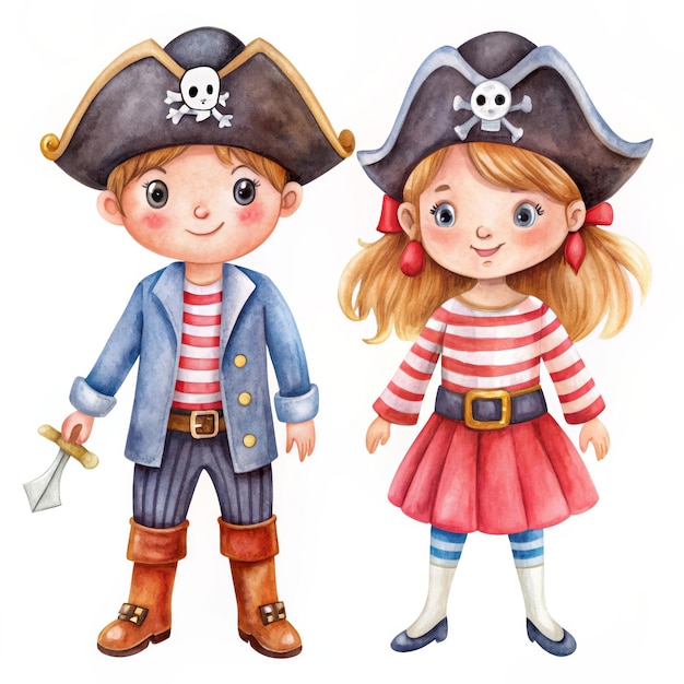 A watercolor illustration of a cute boy and girl dressed as pirates The boy holds a sword and